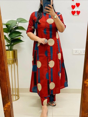 Red Polka Dot Printed Indian A-Line Cotton Salwar Kameez Kurti Pant Co Ord Set for Women