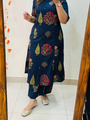 Blue Floral Motifs Printed Indian A-Line Cotton Salwar Kameez Kurti Pant Co Ord Set for Women