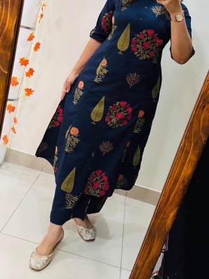 Blue Floral Motifs Printed Indian A-Line Cotton Salwar Kameez Kurti Pant Co Ord Set for Women