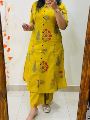 Yellow Floral Motifs Printed Indian A-Line Cotton Salwar Kameez Kurti Pant Co Ord Set for Women