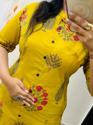 Yellow Floral Motifs Printed Indian A-Line Cotton Salwar Kameez Kurti Pant Co Ord Set for Women