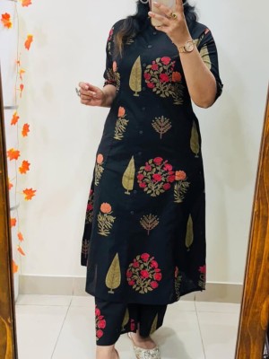 Black Floral Motifs Printed Indian A-Line Cotton Salwar Kameez Kurti Pant Co Ord Set for Women