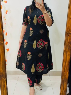Black Floral Motifs Printed Indian A-Line Cotton Salwar Kameez Kurti Pant Co Ord Set for Women