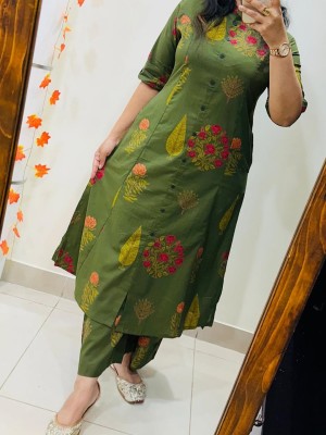 Green Floral Motifs Printed Indian A-Line Cotton Salwar Kameez Kurti Pant Co Ord Set for Women