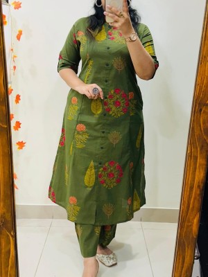Green Floral Motifs Printed Indian A-Line Cotton Salwar Kameez Kurti Pant Co Ord Set for Women