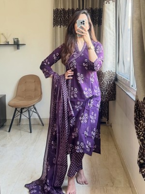 Nagma Purple Angrakha Style V-Neck Cotton Printed Kurti Pant With Dupatta Set For Women (Set Of 3)