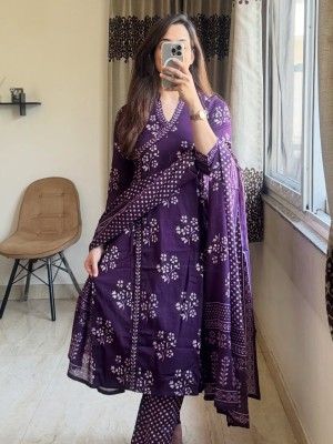 Nagma Purple Angrakha Style V-Neck Cotton Printed Kurti Pant With Dupatta Set For Women (Set Of 3)