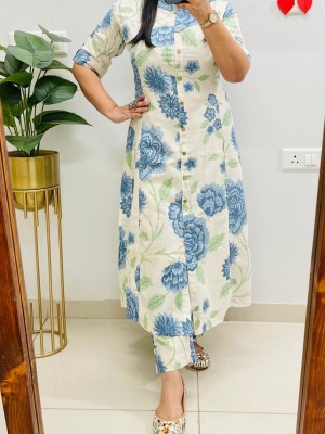 White & Blue Floral Printed Indian A-Line Co Ord Set Cotton Salwar Kameez Kurti Pant for Women