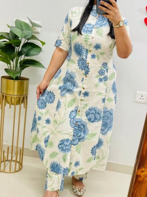 White & Blue Floral Printed Indian A-Line Co Ord Set Cotton Salwar Kameez Kurti Pant for Women