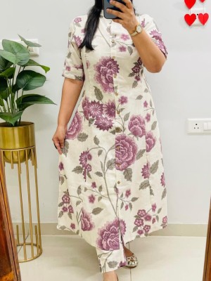 White & Wine Floral Printed Indian A-Line Co Ord Set Cotton Salwar Kameez Kurti Pant for Women
