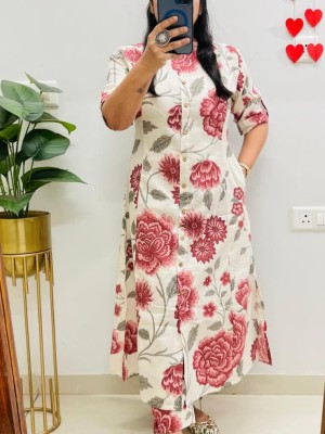 White & Red Floral Printed Indian A-Line Co Ord Set Cotton Salwar Kameez Kurti Pant for Women