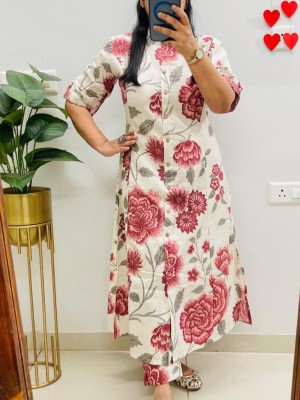 White & Red Floral Printed Indian A-Line Co Ord Set Cotton Salwar Kameez Kurti Pant for Women