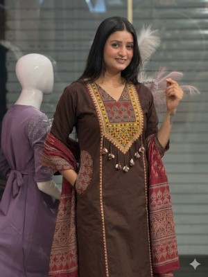 Vani Brown A-Line Embroidery On Yoke V-Neck Cotton Kurti Pant With Dupatta Set For Women