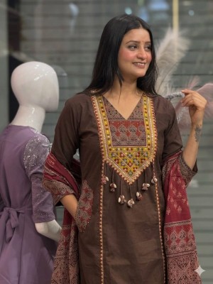 Vani Brown A-Line Embroidery On Yoke V-Neck Cotton Kurti Pant With Dupatta Set For Women