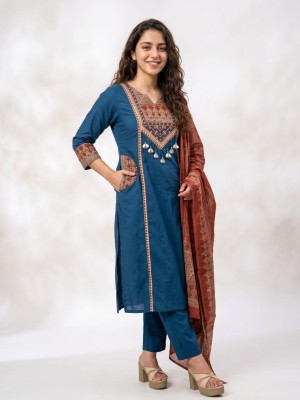 Vani Blue A-Line Embroidery On Yoke V-Neck Cotton Kurti Pant With Dupatta Set For Women