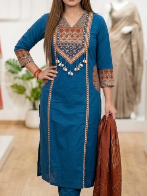 Vani Blue A-Line Embroidery On Yoke V-Neck Cotton Kurti Pant With Dupatta Set For Women