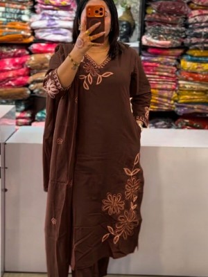 Brown Embroidered V-Neck Straight Fit Cotton Kurti Pant With Dupatta Set For Women (Set Of 3)
