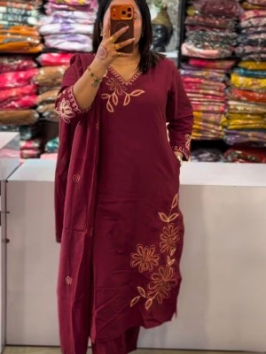 Wine Embroidered V-Neck Straight Fit Cotton Kurti Pant With Dupatta Set For Women (Set Of 3)