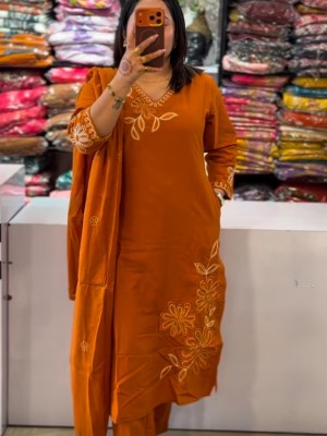 Orange Embroidered V-Neck Straight Fit Cotton Kurti Pant With Dupatta Set For Women (Set Of 3)