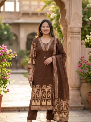 Brown Premium Cotton Printed V-Neck Straight Cut Kurti Pant With Dupatta Set For Women (Set Of 3)