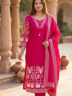Pink Premium Cotton Printed V-Neck Straight Cut Kurti Pant With Dupatta Set For Women (Set Of 3)