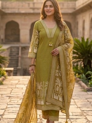 Olive Premium Cotton Printed V-Neck Straight Cut Kurti Pant With Dupatta Set For Women (Set Of 3)