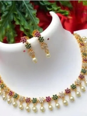 Stylish Gold Plated AD Fashion Golden Choker Necklace Earrings Set