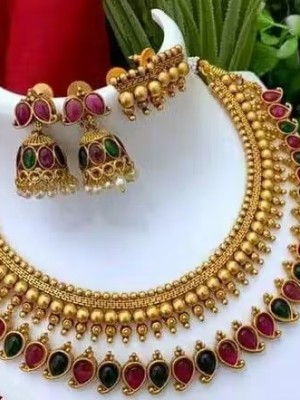Reet Jewellery Set Elegant Indian Pearl Work Fashion Combo of 2 Golden Choker Necklace Earrings Set