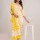 Yellow White Floral Block Printed Indian Readymade Straight Salwar Kameez with Pocket Kurti Pant Dupatta Set for Women - Set of 3