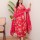 Red Lotus Print Anarkali Frock Style V-Neck Indian Pakistani Salwar Kameez Kurti Pant Dupatta Set